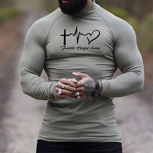 

Men's T shirt Tee Turtleneck shirt Graphic Letter Rolled collar Standing Collar Dark Gray Print Street Sports Long Sleeve Print Clothing Apparel Fashion Designer Casual Comfortable