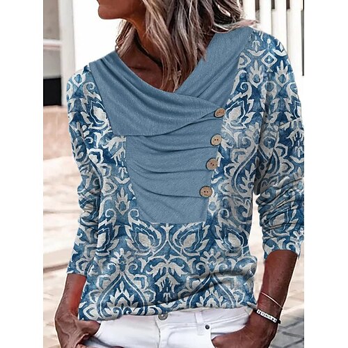 

Women's Blouse Shirt Green Blue Khaki Floral Button Print Long Sleeve Holiday Weekend Streetwear Casual V Neck Regular Floral S / 3D Print