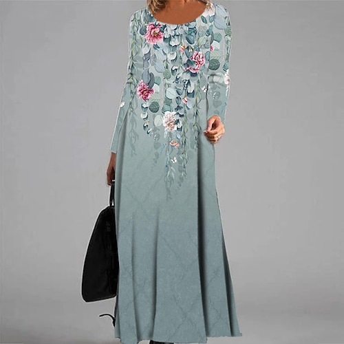 

Women's Casual Dress A Line Dress Maxi long Dress Blue Long Sleeve Floral Pocket Print Fall Winter V Neck Vacation Casual 2022 S M L XL XXL 3XL