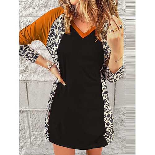 

Damen Casual kleid Sweatkleid Etuikleid Schwarz Langarm Leopard Bedruckt Winter Herbst V Ausschnitt Reifen winterkleider damen Wochenende herbstkleider Lockere Passform 2022 S M L XL XXL