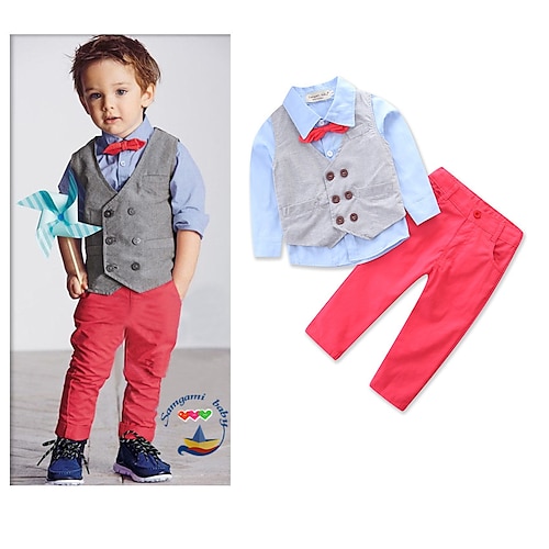 

4 Piezas Niños Chico Camisa y Pantalones Conjunto de Ropa Vestimenta Color sólido Manga Larga Algodón Establecer Escuela Moda Estilo preppy Invierno Otoño 2-8 años Azul Piscina