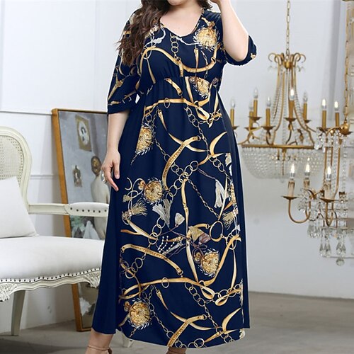 

Women's Plus Size Casual Dress Floral V Neck Half Sleeve Fall Winter Casual Maxi long Dress Causal Daily Dress / Cotton