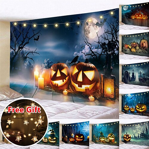 

Halloween Party Wall Tapestry Art Decor Blanket Curtain Hanging Home Bedroom Living Room Decoration Polyester Ghost Pumpkin Graveyard Bat Witch