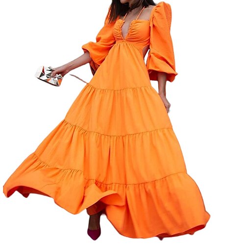 

Women's A Line Dress Swing Dress Maxi long Dress Green Pink Orange Long Sleeve Pure Color Ruched Fall Winter V Neck Vacation Casual 2022 S M L XL