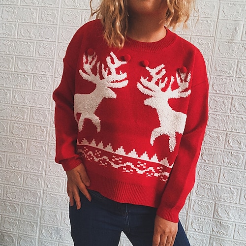 

Women's Pullover Sweater Jumper Ribbed Knit Knitted Patchwork Animal Crew Neck Stylish Casual Christmas Daily Fall Winter Green Red S M L / Long Sleeve