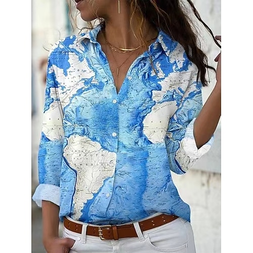 

Women's Blouse Shirt Blue Rainbow White Polka Dot Portrait Button Print Long Sleeve Daily Weekend Streetwear Casual Shirt Collar Regular Portrait S / 3D Print