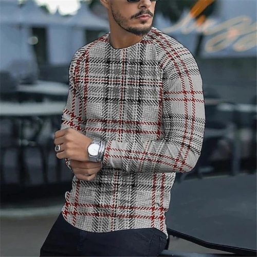 

Men's Unisex T shirt Tee Lattice Graphic Prints Tartan Crew Neck Gray 3D Print Outdoor Street Long Sleeve Print Clothing Apparel Sports Casual Classic Big and Tall / Spring / Fall