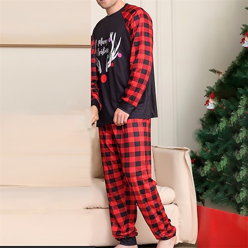 

Men's Christmas Pajamas Sleepwear Pajama Set Pajama Top and Pant 2 Pieces Letter Grid / Plaid Fashion Comfort Soft Home Christmas Bed Cotton Blend Breathable Crew Neck Long Sleeve Basic Winter Fall