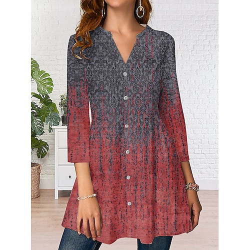 

Women's Blouse Shirt Tunic Red Graphic Button Print Long Sleeve Daily Weekend Streetwear Casual V Neck Long S