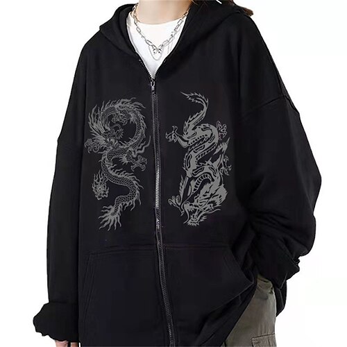 

Women's Hoodie Jacket Warm Breathable Outdoor Sport Vacation Going out Pocket Print Zipper Hoodie Vintage Comfortable Street Style Halloween Animal Regular Fit Outerwear Long Sleeve Winter Fall Black