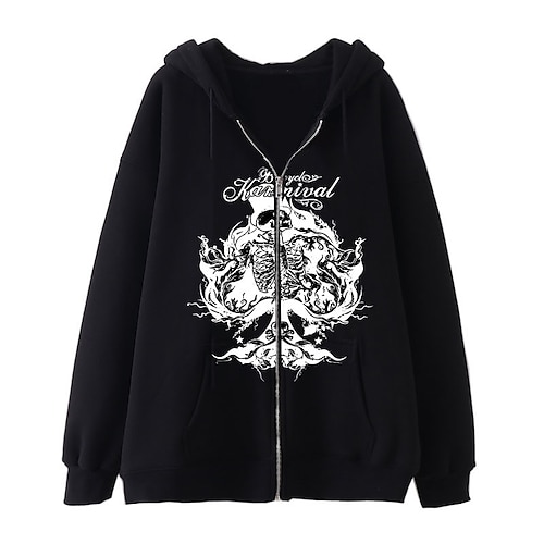 

Women's Casual Jacket Windproof Warm Halloween Office / Career Street Athleisure Zipper Pocket Full Zip Print Zipper Hoodie Chic & Modern Street Style Halloween Skull Regular Fit Outerwear Long Sleeve