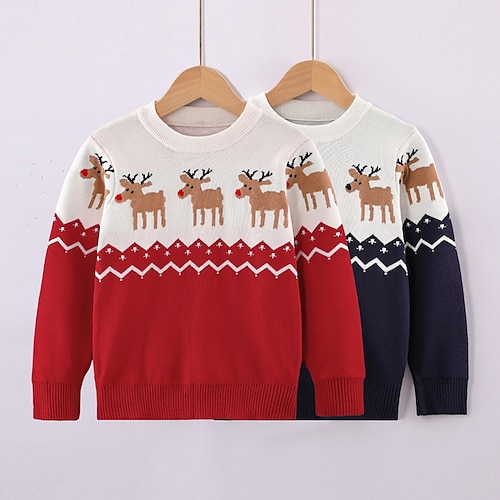

Kids Boys Christmas Sweater Long Sleeve Deer Red Navy Blue Children Tops Fall Winter Daily Christmas Gifts Daily Christmas Tailored Fit 2-8 Years