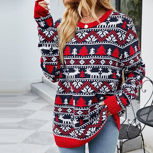 

Women's Ugly Christmas Sweater Pullover Sweater Jumper Ribbed Knit Knitted Print Christmas Tree Crew Neck Stylish Casual Christmas Holiday Winter Fall Red XS S M / Long Sleeve / Regular Fit