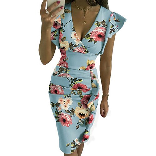 

Mujer Corte Bodycon Vestido tubo Negro Azul Piscina Rosa Manga Corta Floral Volante Invierno Otoño Escote en Pico Moderno 2022 S M L XL XXL