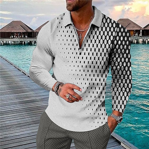 

Men's Collar Polo Shirt Golf Shirt Geometry Turndown Black 3D Print Outdoor Street Long Sleeve Zipper Print Clothing Apparel Fashion Designer Casual Breathable