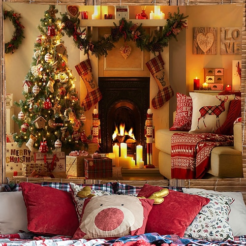 

Christmas Party Wall Tapestry Photography Background Holiday Christmas Tree Gift Art Decor Blanket Curtain Hanging Home Bedroom Living Room Decoration Polyester