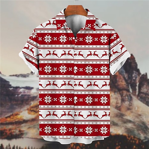 

Men's Shirt Graphic Shirt Elk Snowflake Turndown Red 3D Print Christmas Street Button-Down Print Clothing Apparel Vintage Designer Casual Breathable / Summer / Spring / Summer
