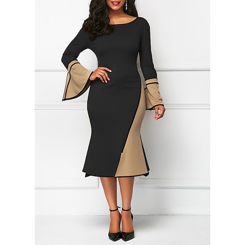 

Mujer Corte Bodycon Vestido tubo Vestido hasta la rodilla Vestido hasta la Rodilla Negro Manga Larga Bloque de color Retazos Invierno Otoño Cuello Barco Elegante Vestido de invierno vestido de otoño