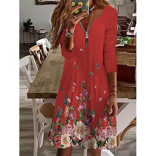 

Women's Casual Dress Green Blue Red Long Sleeve Floral Zipper Winter Fall Autumn V Neck Winter Dress Fall Dress 2022 S M L XL 2XL 3XL 4XL 5XL 6XL