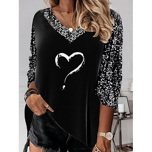 

Women's Blouse Shirt Black Heart Print 3/4 Length Sleeve Daily Weekend Streetwear V Neck Long S