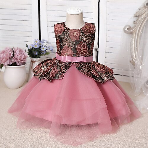 

Kids Girls' Dress Jacquard Tulle Dress Above Knee Dress Party Ruffle Short Sleeve Princess Dress 3-12 Years Spring Green Blue Pink