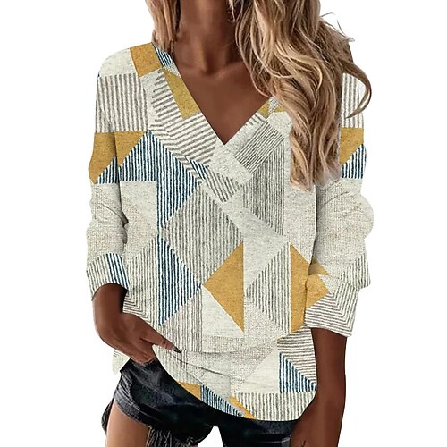 

Women's Blouse Shirt Yellow Red Gray Geometric Print Long Sleeve Holiday Weekend Streetwear Ethnic V Neck Regular Geometric S / 3D Print