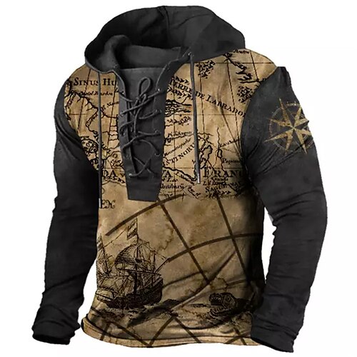 

Men's Unisex Pullover Hoodie Sweatshirt Pullover Brown Hooded Map Graphic Prints Boat Lace up Patchwork Print Casual Daily Sports 3D Print Streetwear Designer Casual Spring & Fall Clothing Apparel