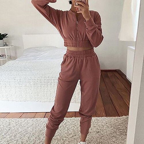 

Women's Loungewear Sets Nighty 2 Pieces Pure Color Fashion Sport Comfort Home Street Airport Polyester Breathable Stand Collar Long Sleeve Crop Top Pant Fall Spring Pink Light gray