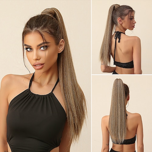 

clip en extensiones de cabello de cola de caballo envolver alrededor de largo recto marrón mezcla rubia cola de caballo pelucas de cabello sintético para mujeres