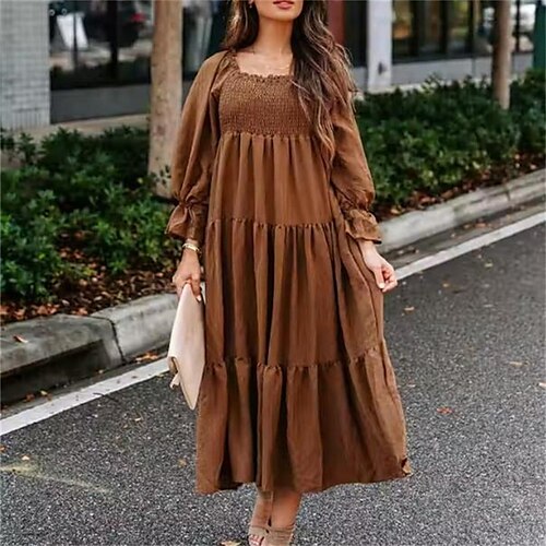 

Women's Casual Dress Swing Dress Maxi long Dress Brown Navy Blue Long Sleeve Pure Color Ruched Fall Winter Square Neck Casual Modern 2022 S M L XL 2XL