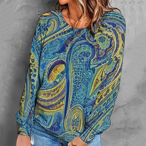 

Women's Sweatshirt Pullover Retro Blue Graphic Geometric Tie Dye Casual Round Neck Long Sleeve S M L XL 2XL 3XL / Winter