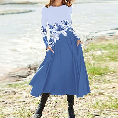 

Women's Casual Dress Swing Dress Midi Dress Blue Long Sleeve Floral Pocket Print Fall Winter Round Neck Vacation Casual 2022 S M L XL XXL 3XL