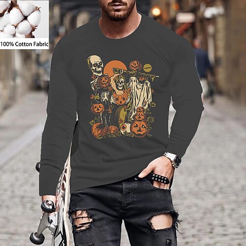 

Men's Unisex T shirt Tee Skull Pumpkin Crew Neck Green Black Gray Navy Blue Long Sleeve Hot Stamping Outdoor Street Print Tops Cotton Basic Sports Designer Simple