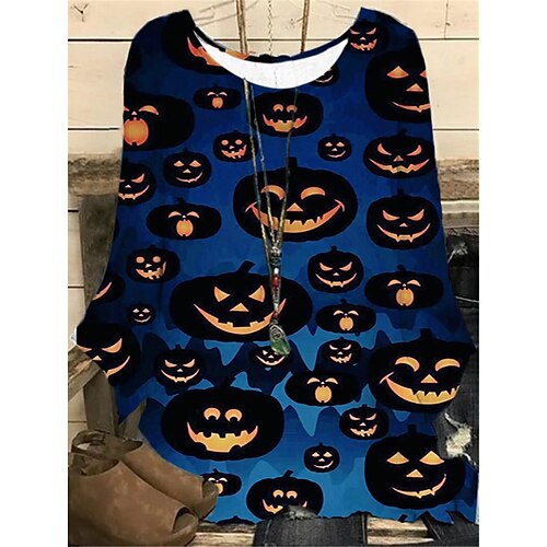 

Women's Plus Size Tops Blouse Shirt Plaid Pumpkin Print Long Sleeve Crewneck Casual Halloween Halloween Daily Polyester Fall Winter Blue Yellow