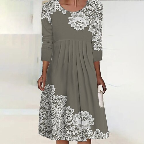 

Women's Casual Dress Midi Dress Army Green Long Sleeve Floral Print Winter Fall Autumn Winter Dress Weekend Fall Dress 2022 S M L XL XXL 3XL 4XL 5XL 6XL