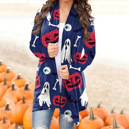 

Women's Casual Jacket Breathable Comfortable Halloween Casual Going out Weekend Print Cardigan Collarless Active Street Style Halloween Skull Regular Fit Outerwear Long Sleeve Winter Fall Green Black