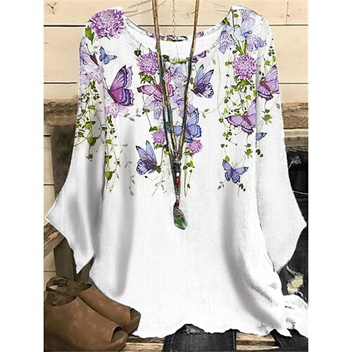 

Women's Plus Size Tops Blouse Shirt Floral Print Long Sleeve Round Neck Casual Daily Vacation Polyester Fall Winter White