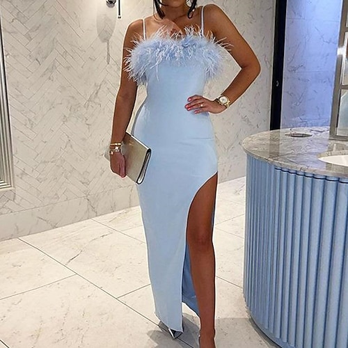 

Women's Party Dress Feather Dress Sheath Dress Midi Dress Blue Pink Sleeveless Pure Color Split Winter Fall Autumn Spaghetti Strap Modern Party 2022 S M L