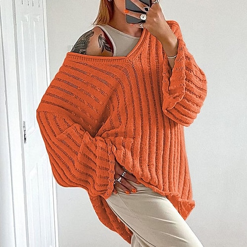 

Women's Pullover Sweater jumper Jumper Crochet Knit Knitted Pure Color V Neck Stylish Casual Outdoor Daily Winter Fall Khaki Orange S M L / Cotton / Long Sleeve / Cotton / Regular Fit / Going out