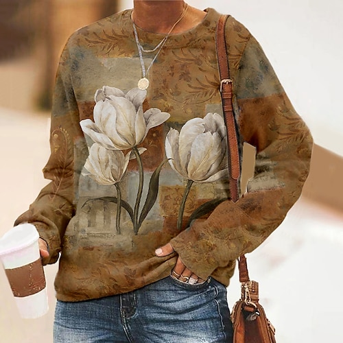 

Women's Sweatshirt Pullover Floral Print Daily Sports 3D Print Active Streetwear Clothing Apparel Hoodies Sweatshirts Khaki