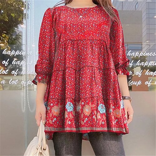 

Women's Plus Size Tops Blouse Shirt Floral Ruffle Print Long Sleeve Crewneck Casual Daily Going out Polyester Fall Winter Blue Red