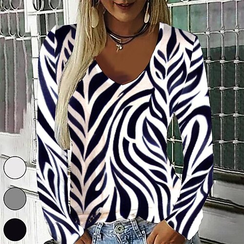 

Women's T shirt Tee Black Graphic Geometric Print Long Sleeve Casual Daily Vintage V Neck Regular Geometric Painting S / 3D Print