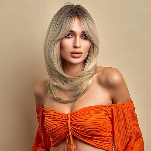 

Ombre Brown to Blonde Wig Dark Roots Layered Hair For Women Natural Wave with Side Part Bangs Synthetic Wigs Daily Party Use