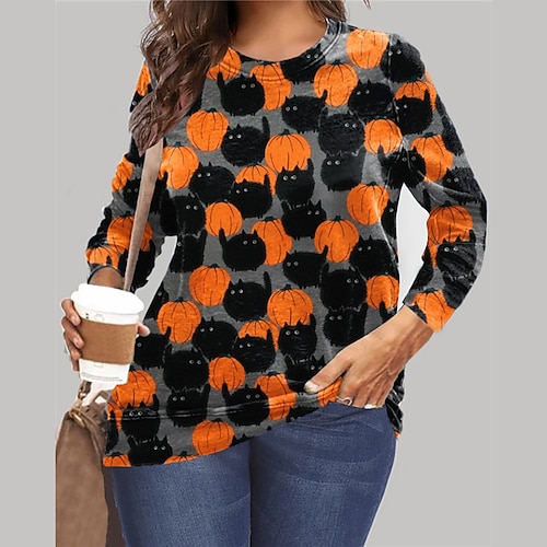 

Women's Plus Size Tops Pullover Sweatshirt Cat Pumpkin Print Long Sleeve Crewneck Vintage Casual Halloween Halloween Daily Microfiber Fall Winter Gray