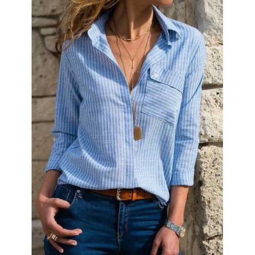 

Women's Blouse Shirt Blue Striped Button Pocket Long Sleeve Daily Weekend Streetwear Casual Shirt Collar Regular S / 3D Print / Print