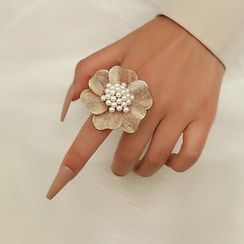 

european and american fashion exaggerated metal alloy pearl flower ring simple retro creative design open index finger ring