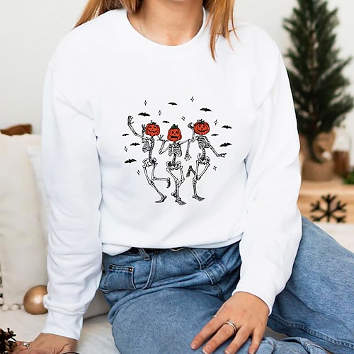 

Women's Plus Size Tops Pullover Sweatshirt Hoodie Sweatshirt Skull Pumpkin Print Long Sleeve Crewneck Casual Halloween Halloween Spirit Halloween Cotton Fall Winter White Gray