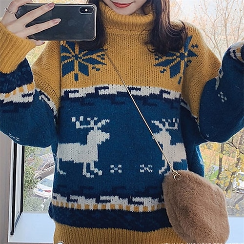 

Women's Pullover Sweater Jumper Ribbed Knit Knitted Patchwork Snowflake Turtleneck Stylish Casual Christmas Daily Fall Winter Green Yellow One-Size / Cotton / Long Sleeve