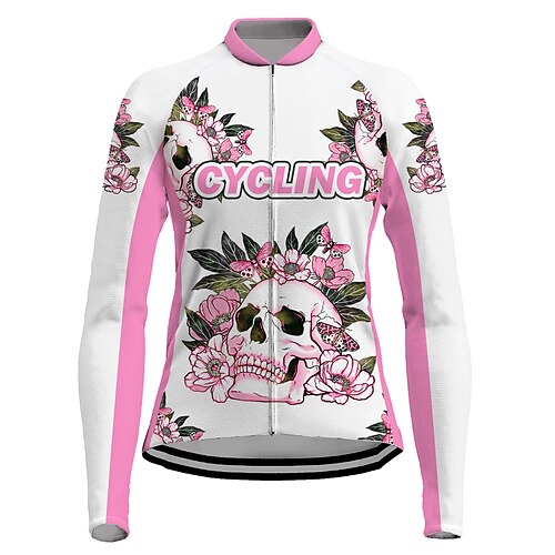 

21Grams Women's Cycling Jersey Long Sleeve Bike Top with 3 Rear Pockets Mountain Bike MTB Road Bike Cycling Breathable Quick Dry Moisture Wicking Reflective Strips White Skull Halloween Floral