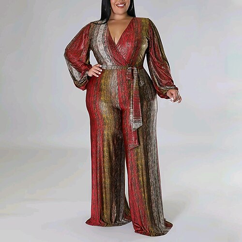 

Women's Plus Size Wide Leg Jumpsuit Print Striped Streetwear Casual Casual Daily Natural Maxi Fall Winter Red XL XXL 3XL 4XL 5XL